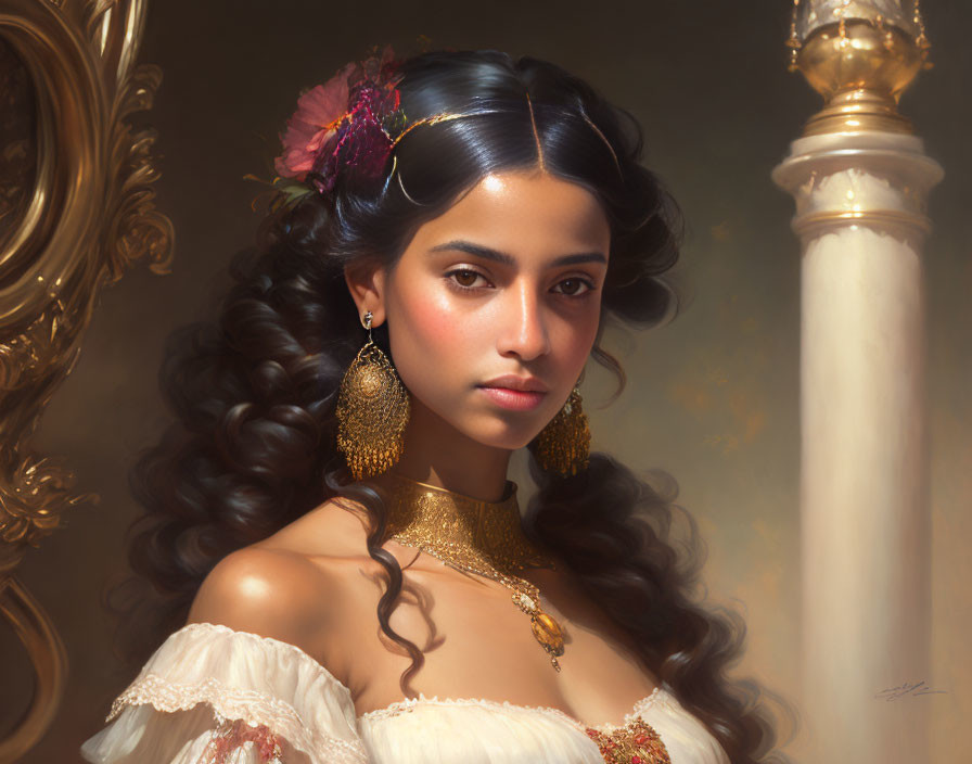 Portrait of woman with dark hair, flowers, gold jewelry, white dress, beside column