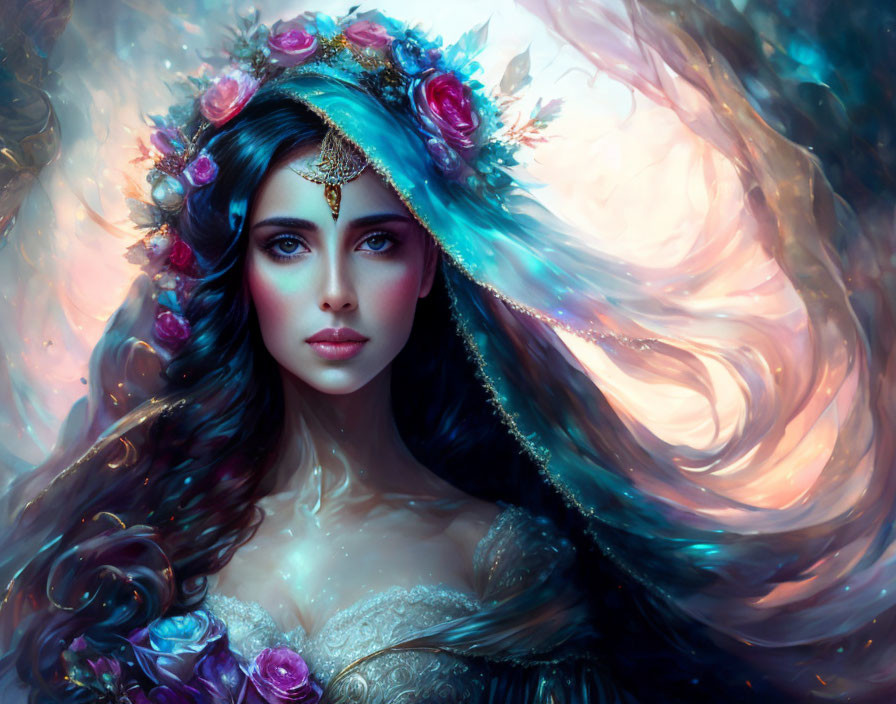 Ethereal fantasy portrait of a woman with flowing hair and floral jewelry