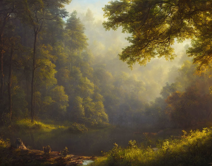 Sunlit forest with mist and stream.