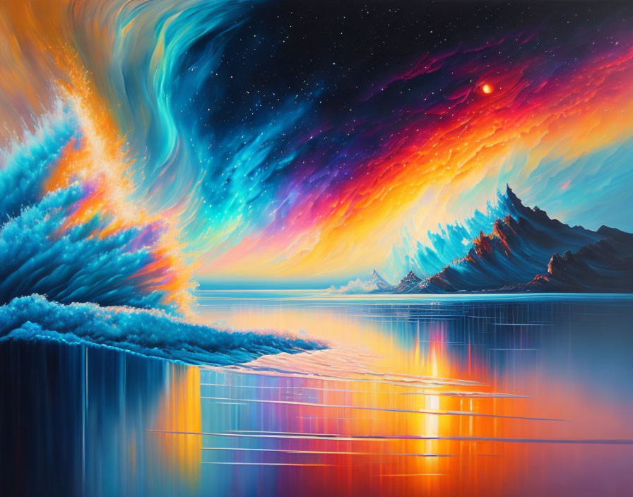 Surreal landscape with fiery sky and cascading waves