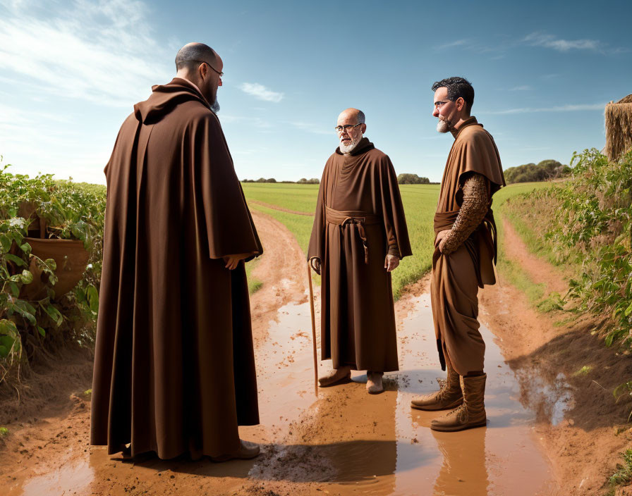 Three Brown-Robed Monks on Muddy Path in Green Field