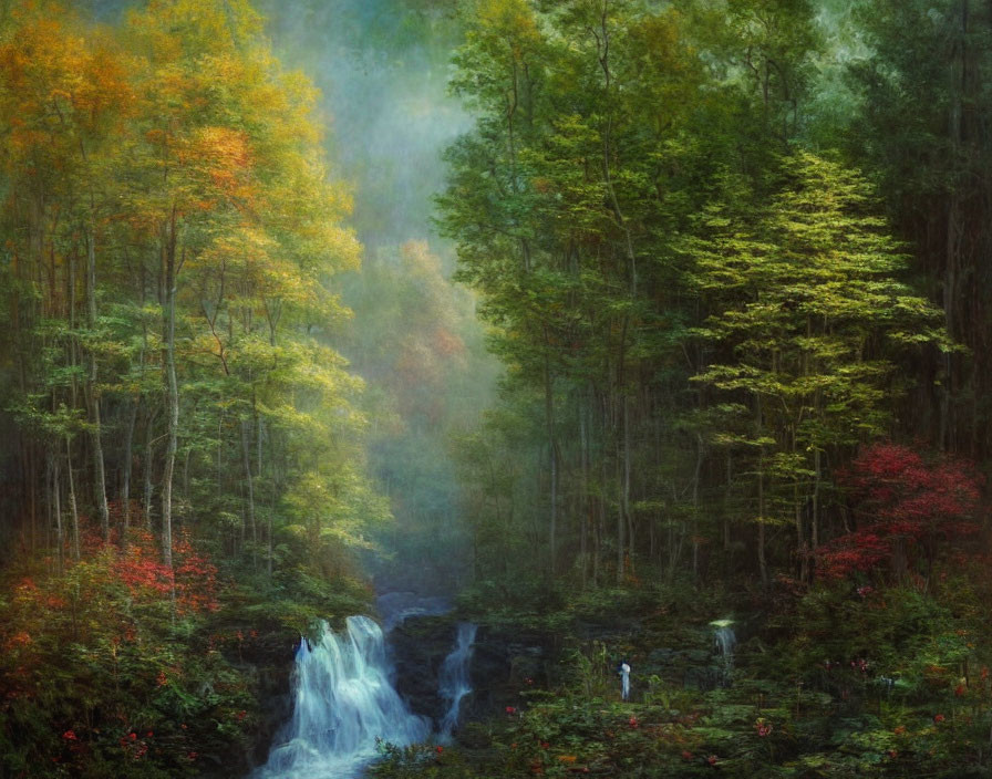 Tranquil forest scene with waterfall, autumn foliage, and two people.