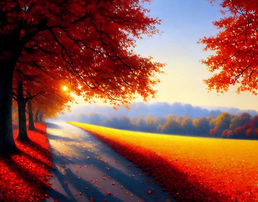 Sunlit Autumn Path with Vibrant Red Leaves