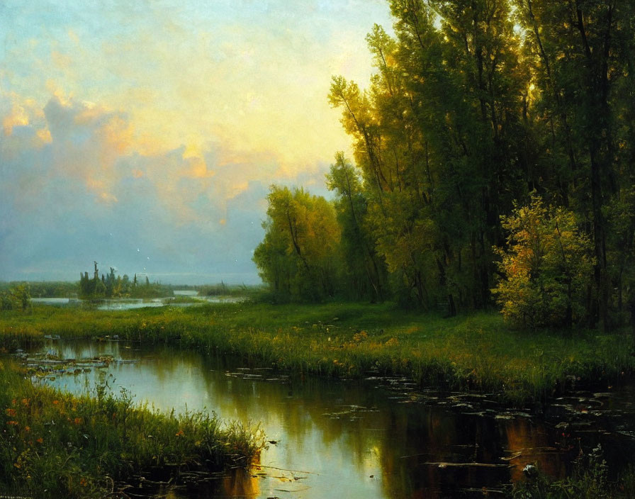 Tranquil dusk landscape with reflective water and lush greenery