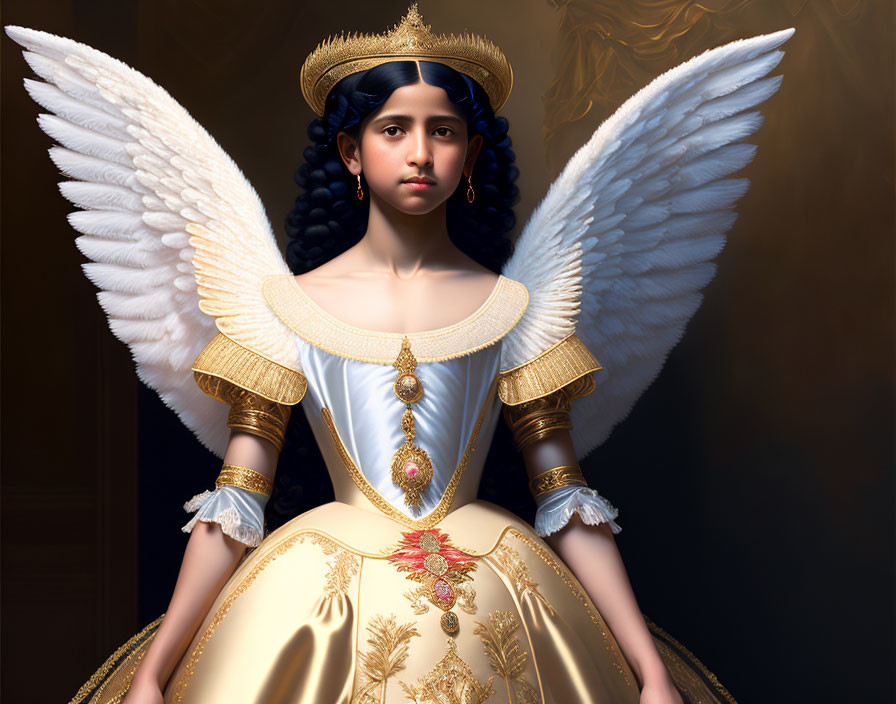 Regal figure with angelic wings in golden gown and halo crown