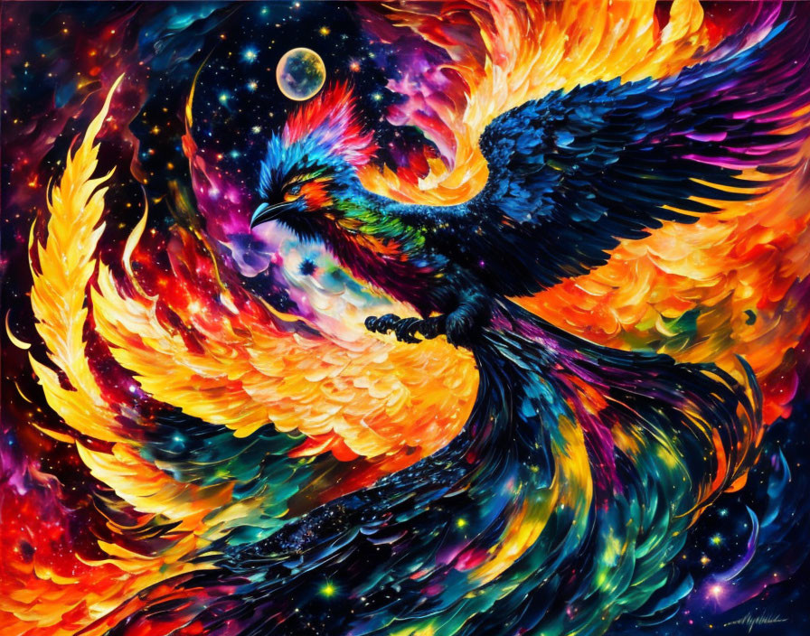 Colorful cosmic phoenix with blazing wings in neon-lit space scenery