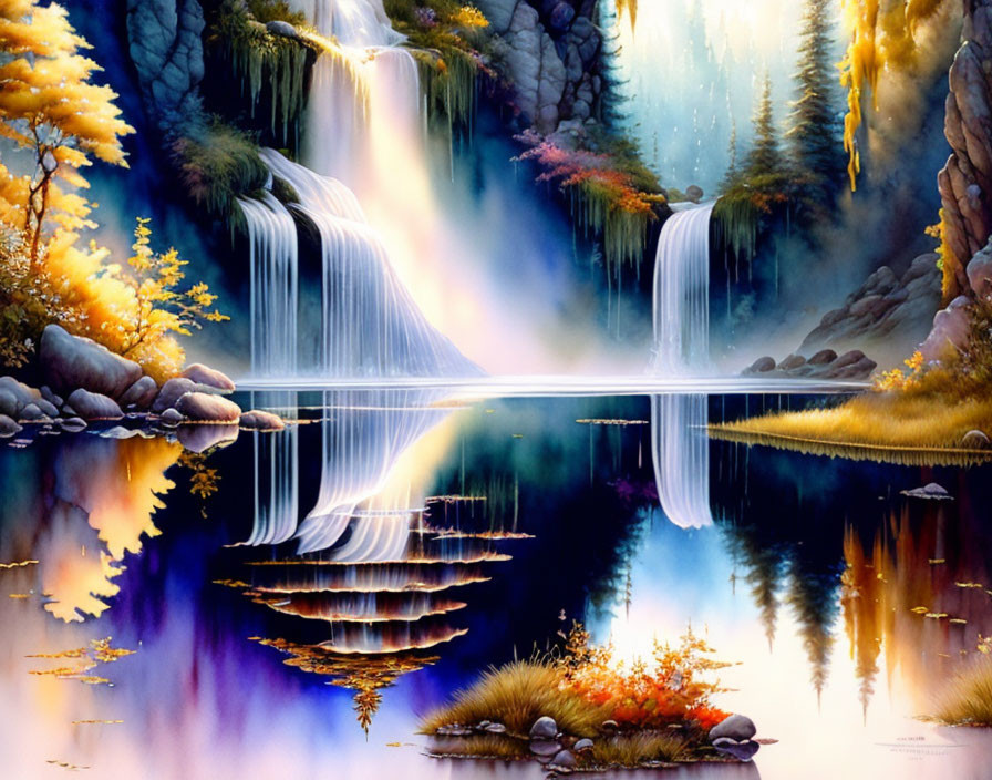 Tranquil landscape with twin waterfalls, autumn foliage, and mystical light