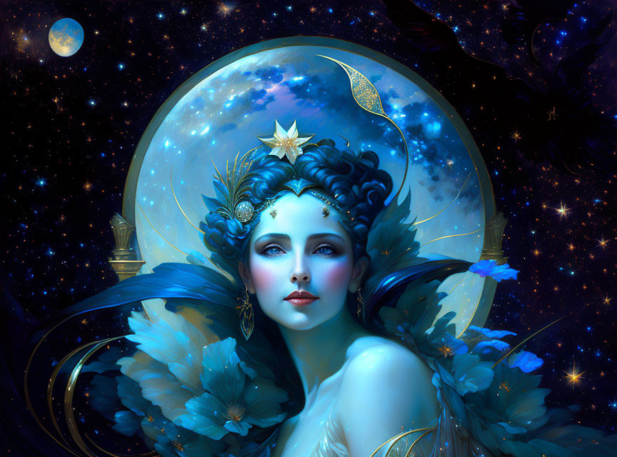 Celestial female figure with blue flowers in hair against starry space backdrop