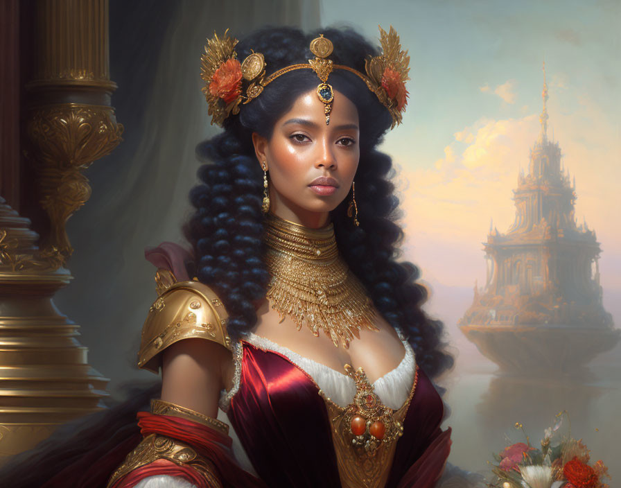 Regal woman in golden jewelry and red gown by misty castle