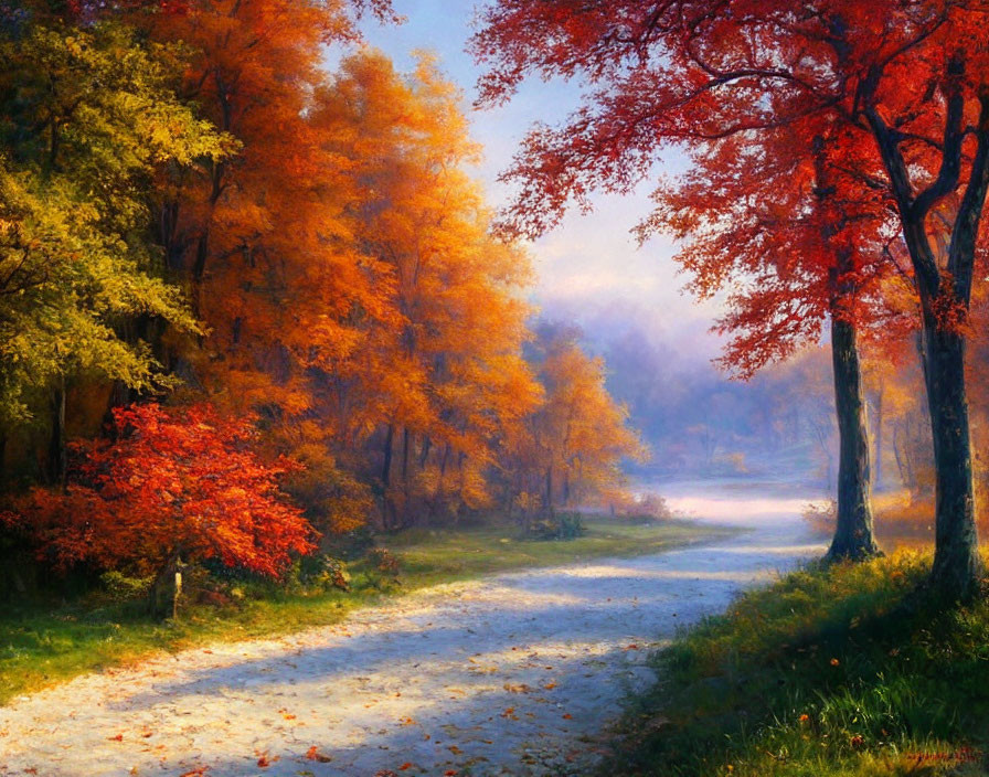 Vibrant autumn forest with winding path and foggy background