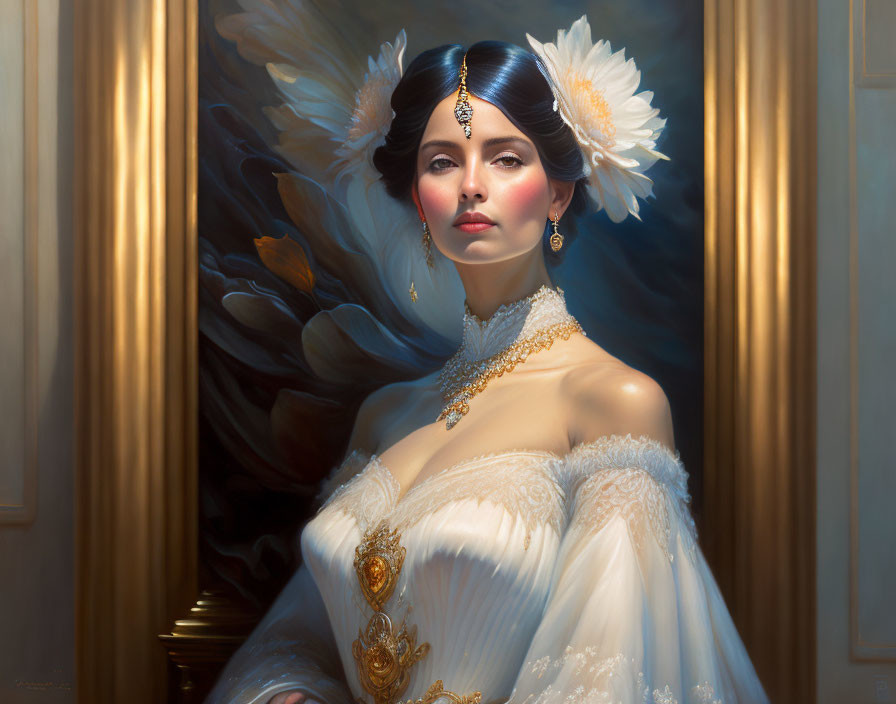 Ornate feather headdress woman in white dress with classical backdrop