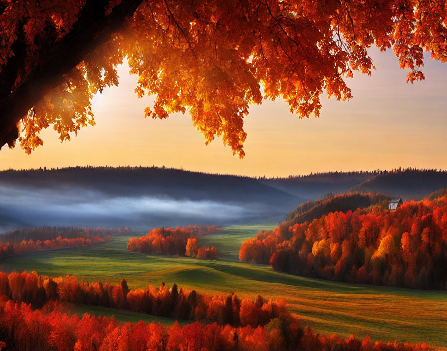 Vibrant autumn landscape: orange leaves, misty valley, rolling hills, clear sky