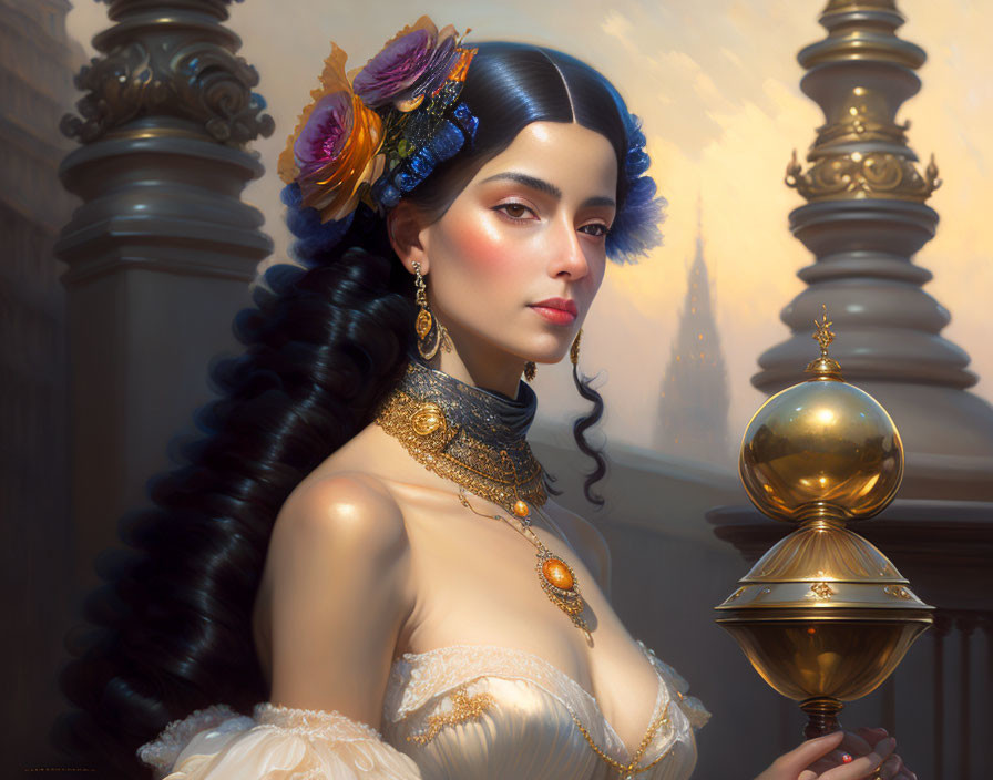 Detailed Artwork: Woman with Dark Hair, Flowers, Golden Necklace, Orb, Soft-lit Architect