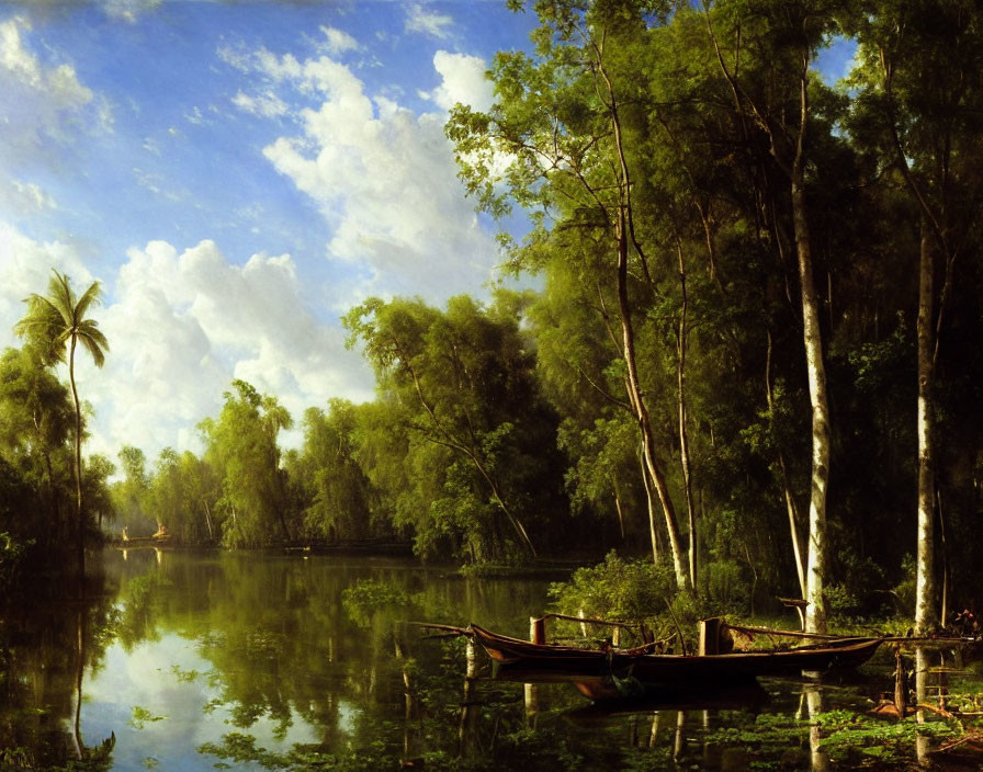 Tranquil river scene with wooden boats, greenery, reflective water, and serene sky.