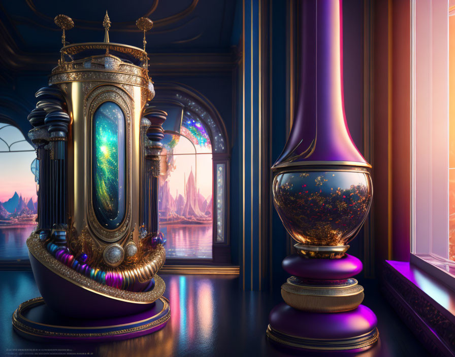 Fantastical chamber with cosmic mirror, purple hourglass, and mystical spires.