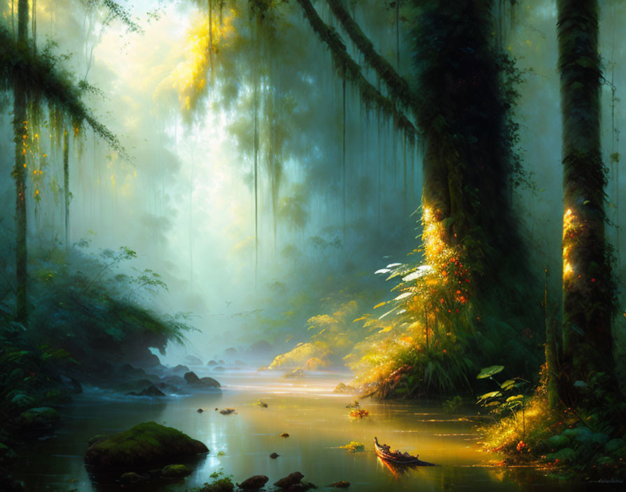 Tranquil sunlit forest with misty river and lush greenery