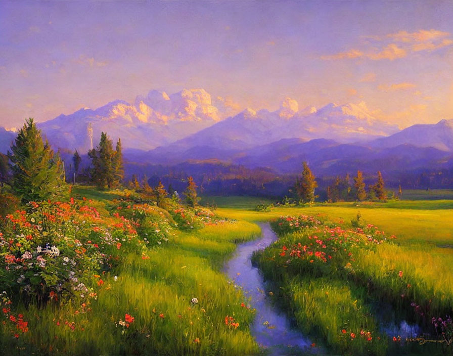 Scenic landscape painting with stream, wildflowers, greenery, and mountains at sunset