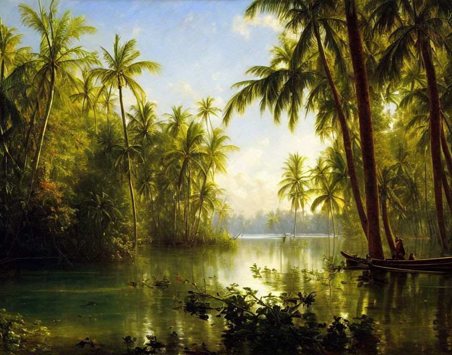 Tranquil tropical river scene with palm trees, boat, and reflections at dusk or dawn