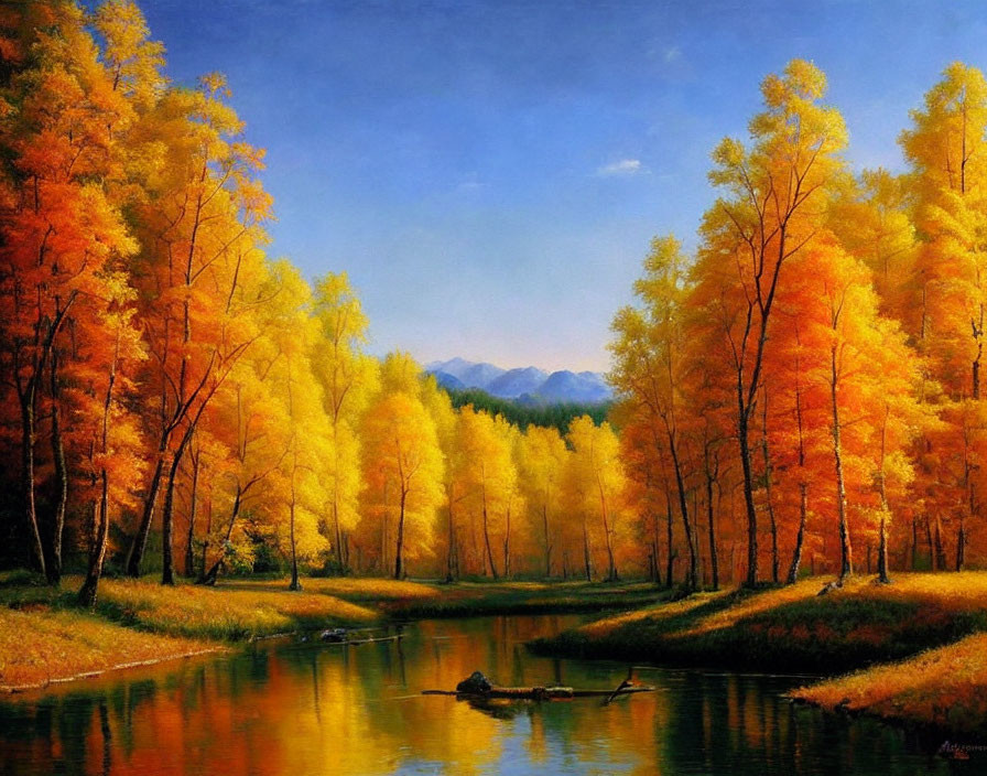 Tranquil autumn landscape with golden trees, river, and mountains