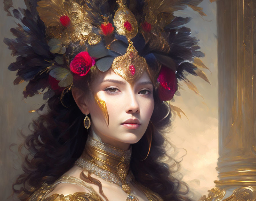 Regal woman with ornate feathered headdress and golden jewelry