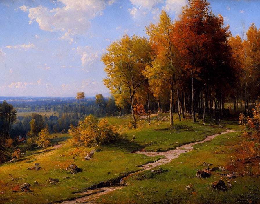 Tranquil autumn landscape painting with winding path and colorful trees