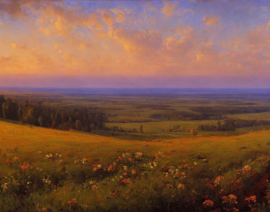 Tranquil landscape painting of meadow, wildflowers, forest, warm-hued sky