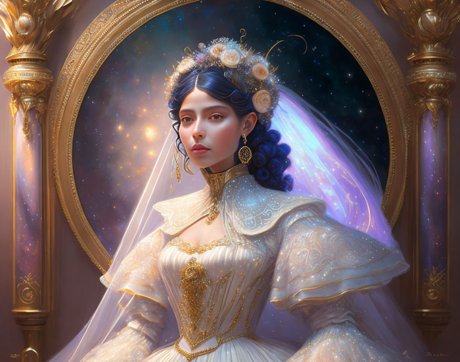 Regal woman in white dress with celestial mirror reflection