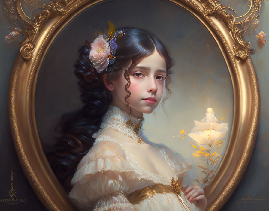 Young girl in vintage dress with dark hair and flower in ornate golden frame