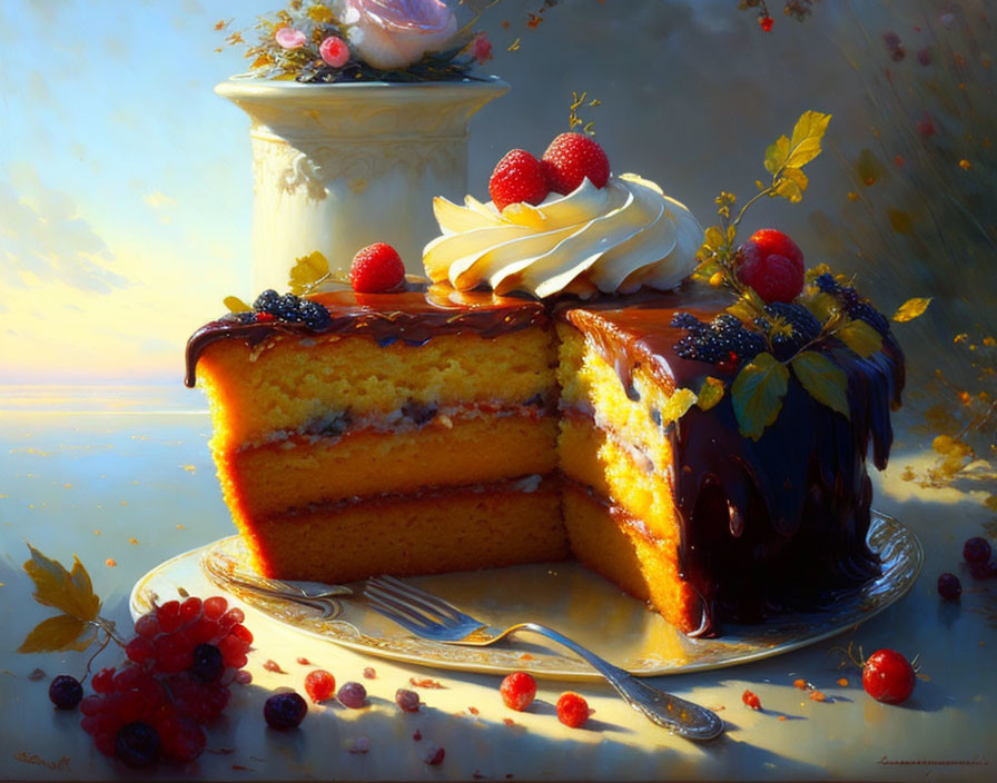 Layered sponge cake with chocolate ganache, whipped cream, and fresh berries on plate