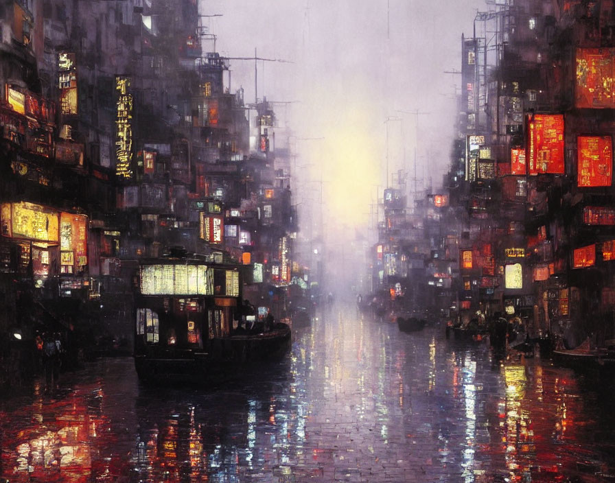 Neon-lit urban scene with traditional boats in the rain