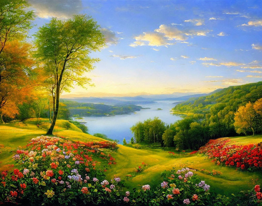 Colorful landscape painting with lush greenery, flowers, lake, and rolling hills.