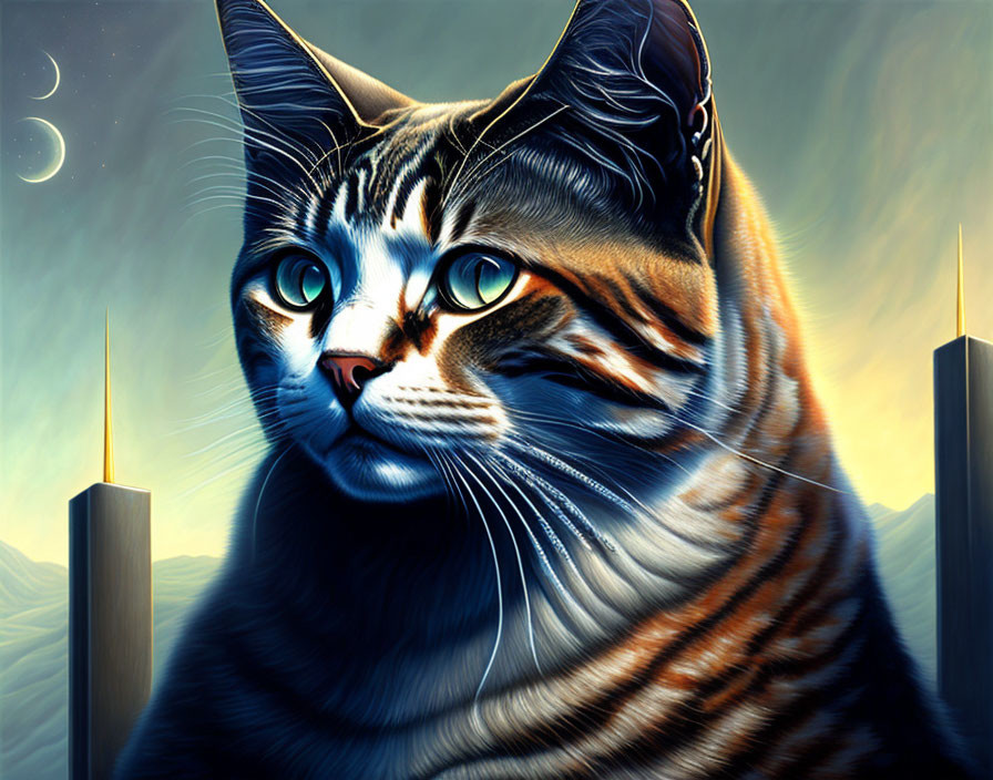 Tabby Cat Digital Painting with Blue Eyes in Twilight Sky