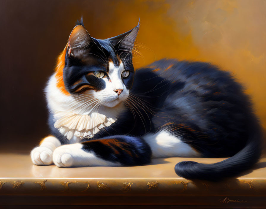 Calico Cat with Black, Orange, and White Fur on Golden Background