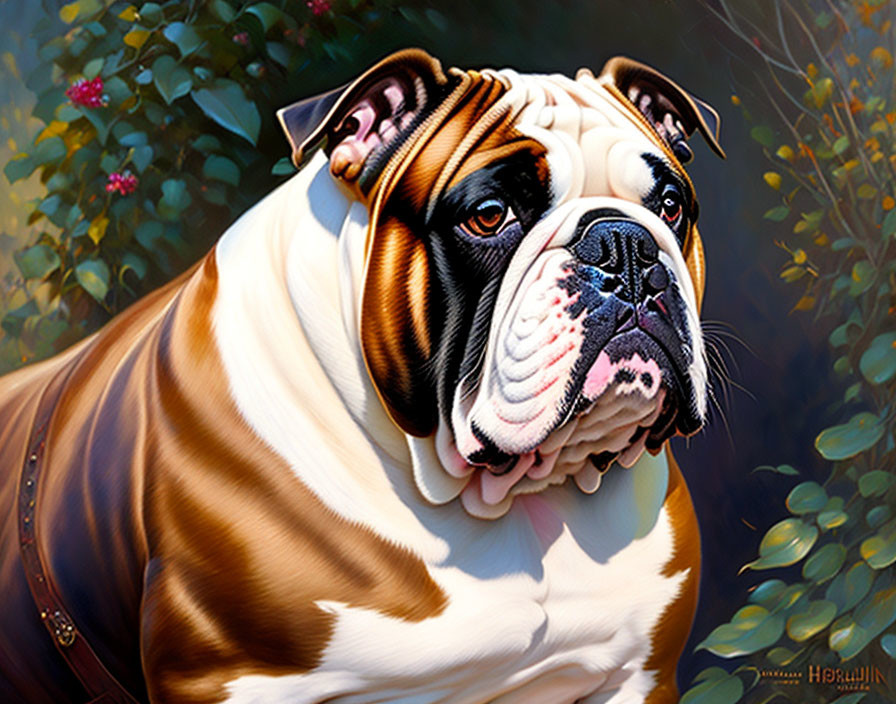 Realistic Bulldog Painting with Dark Foliage and Red Berries