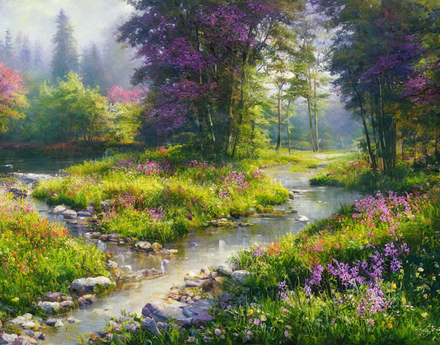 Tranquil landscape with stream, colorful forest, and misty atmosphere