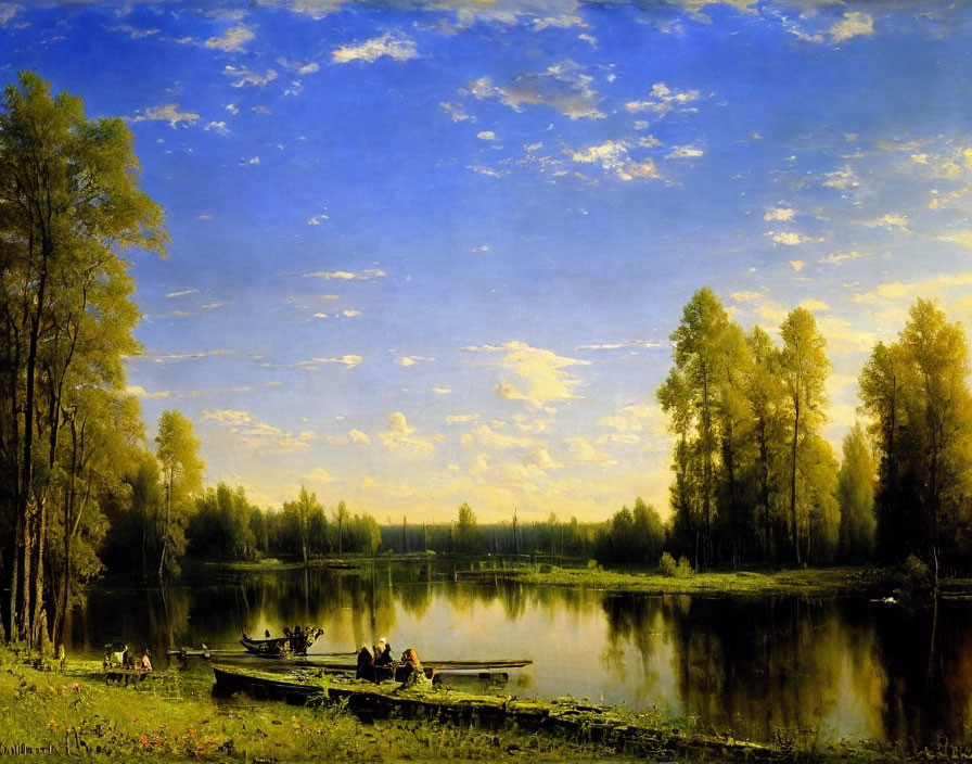 Tranquil lake scene with people in boats and on shore, lush trees, clear blue sky