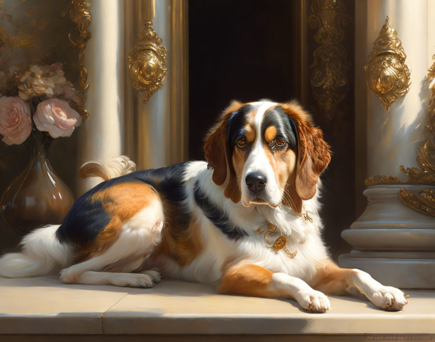 Tricolor dog with glossy coat resting by ornate window in sunlight