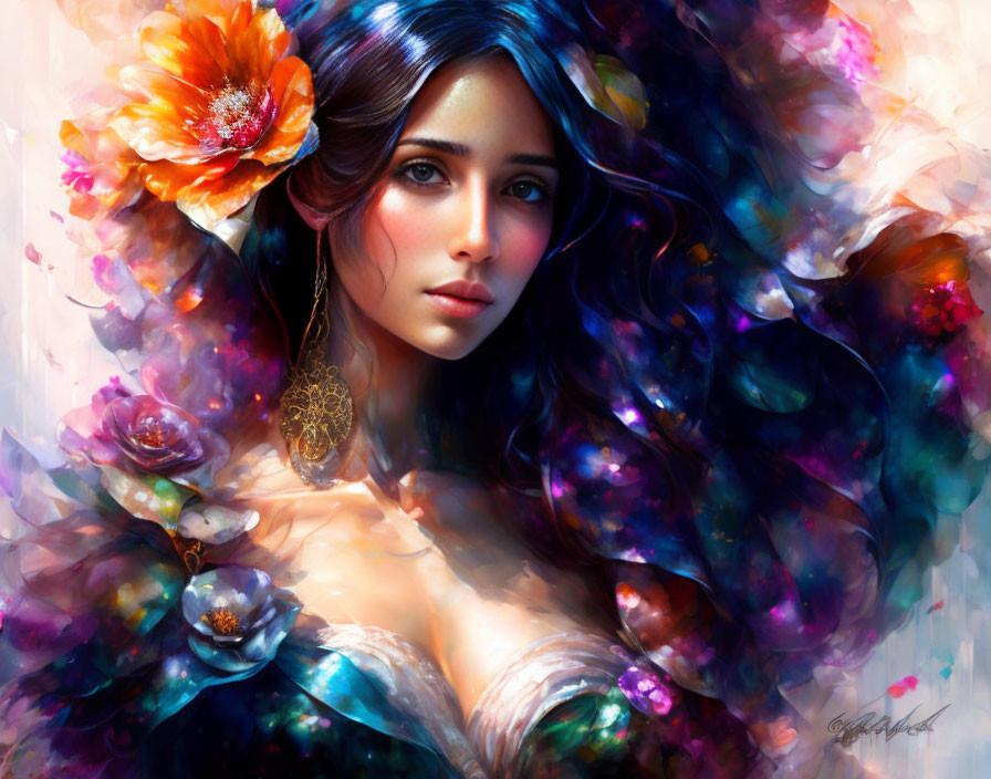 Colorful digital painting of woman with multicolored hair and floral accents