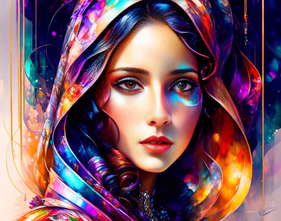 Colorful digital portrait of a woman with vibrant multicolored hair and scarf