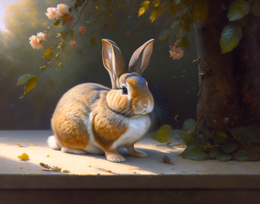 Realistic painting of orange and white rabbit in soft sunlight.