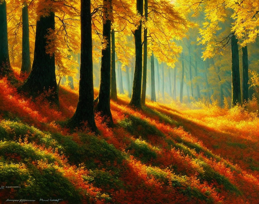 Vibrant autumn forest with sunlight filtering through fallen leaves