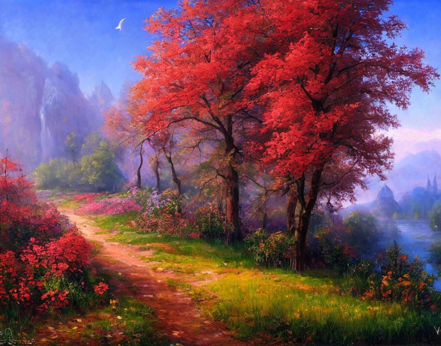 Scenic landscape painting with red trees, flowers, river, and bird