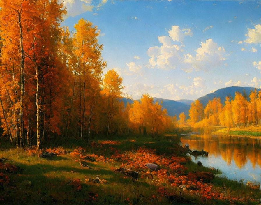 Tranquil autumn landscape: golden trees, river, blue skies, fluffy clouds, distant hills