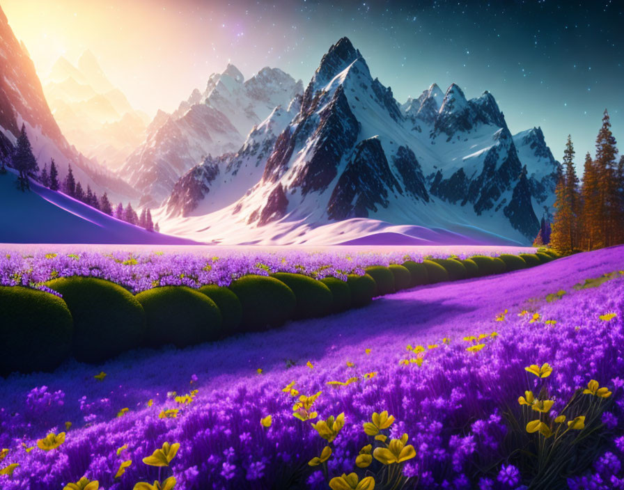 Scenic landscape: purple flower field, snowy mountains, starry twilight sky