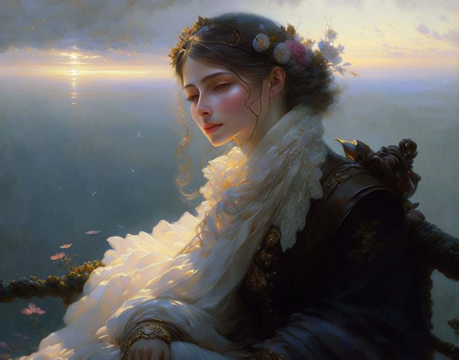 Woman in elegant attire with floral adornments in serene sunset landscape