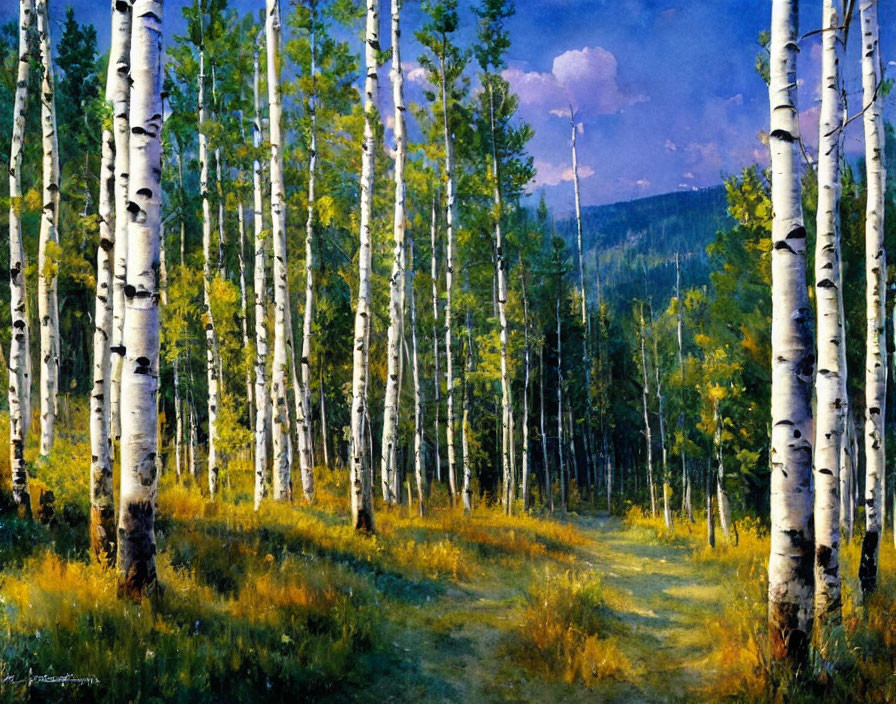 Vibrant painting of birch forest with sunlit clearing and path.