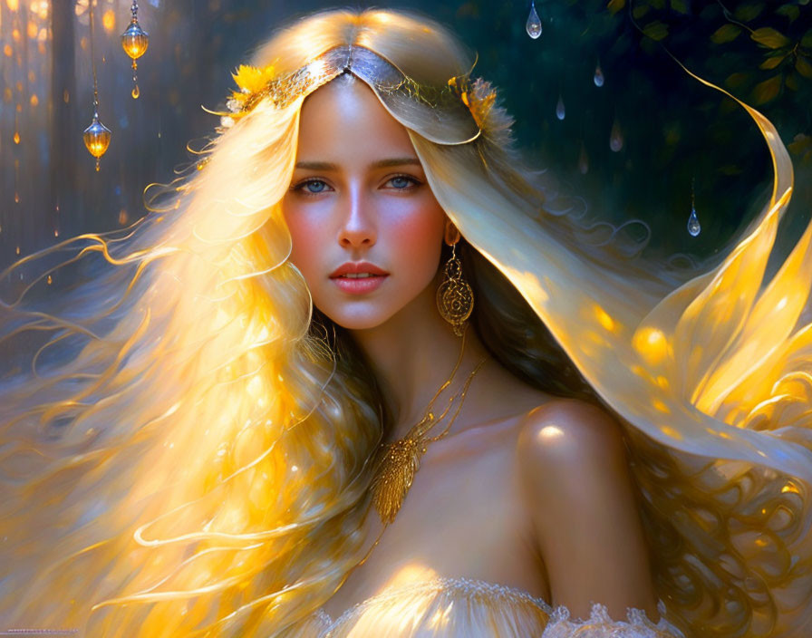 Ethereal woman with golden hair and delicate jewelry in soft light