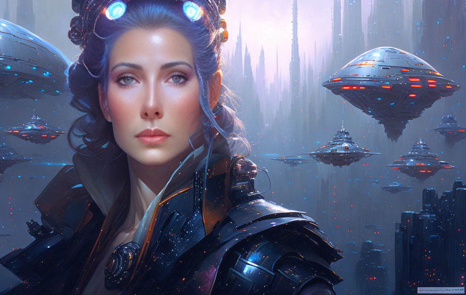 Futuristic female figure with advanced headphones in cityscape with hovering spaceships