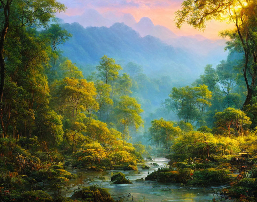 Serene sunrise scene: lush forest, golden light, meandering river, mist, greenery,