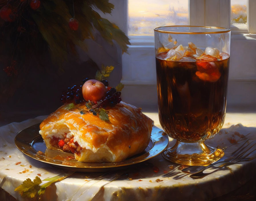 Detailed Still Life: Pastry with Fruit Topping and Iced Drink in Sunlit Setting